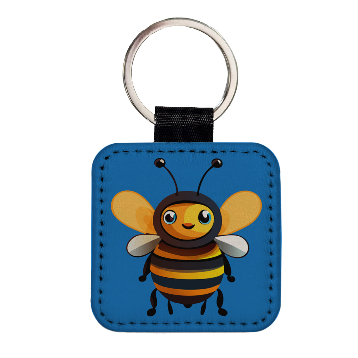 Bee Happy Smiling Square Faux Leather Keychain