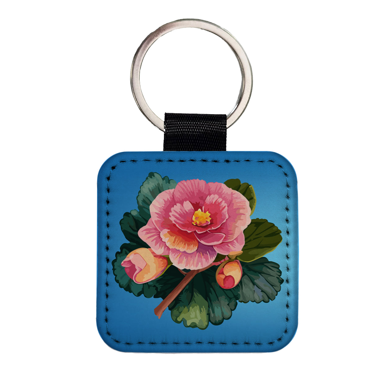Begonia Flower Watercolor Square Faux Leather Keychain