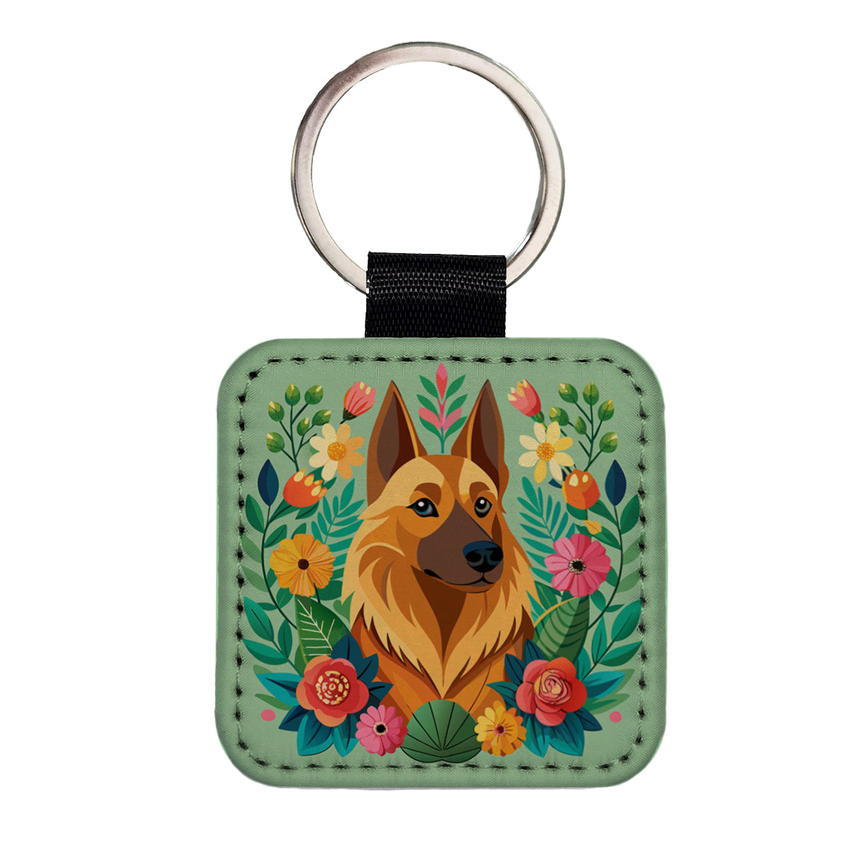 Belgian Shepherd Dog Floral Flowers Square Faux Leather Keychain