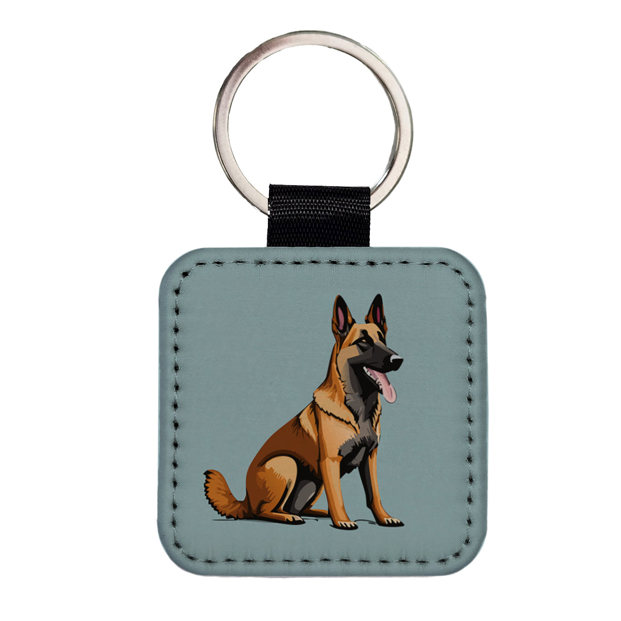 Belgian Shepherd Dog Sitting Square Faux Leather Keychain