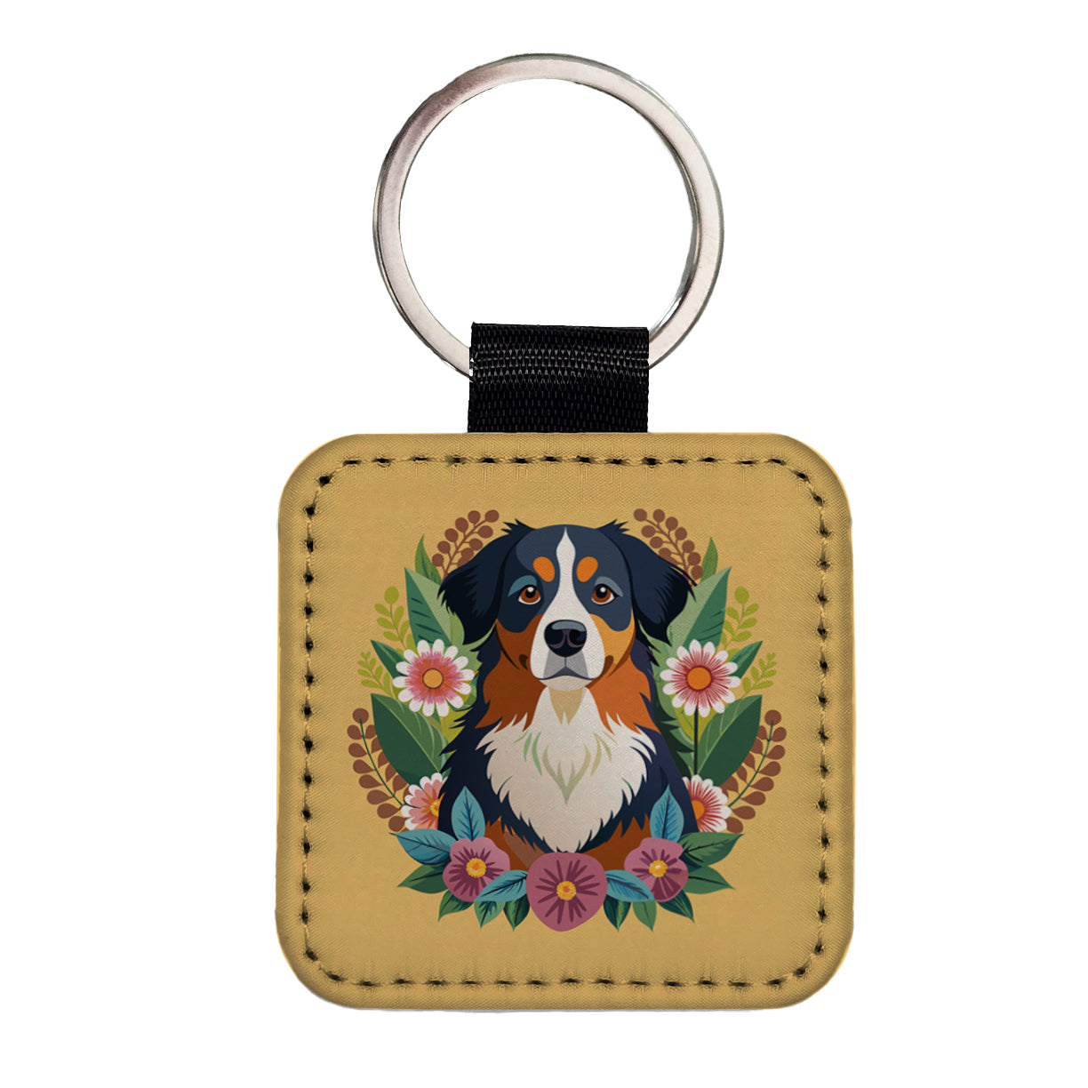 Bernese Mountain Dog Floral Flowers Square Faux Leather Keychain
