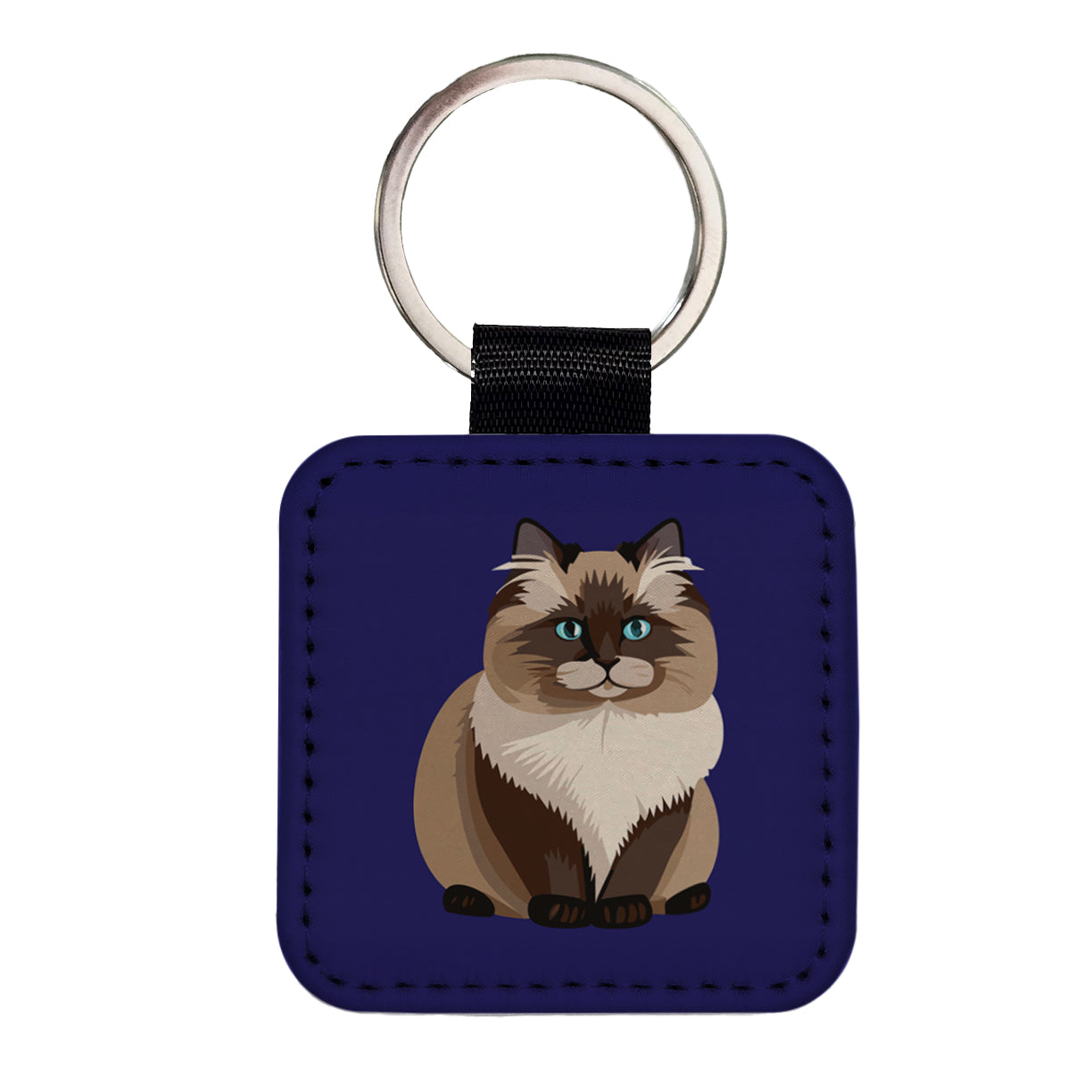 Birman Cat Sitting Square Faux Leather Keychain