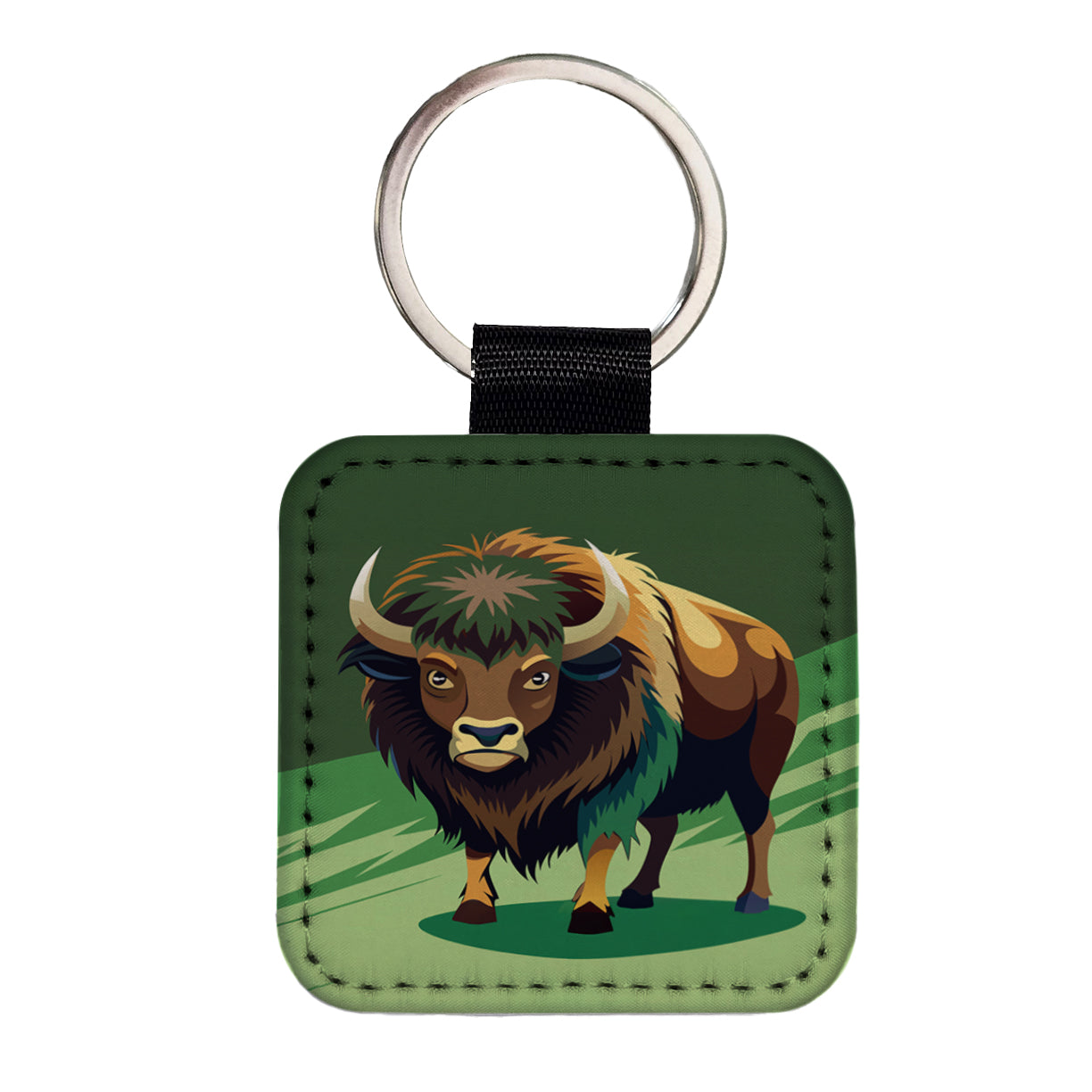 Bison Staring Square Faux Leather Keychain