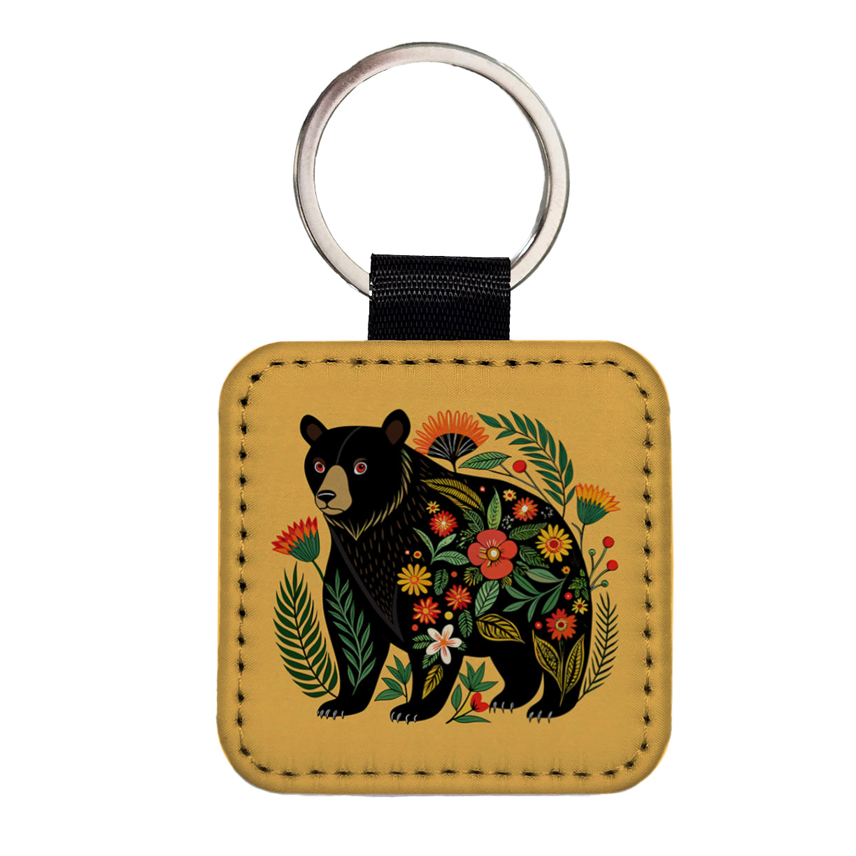 Black Bear Floral Motif Square Faux Leather Keychain