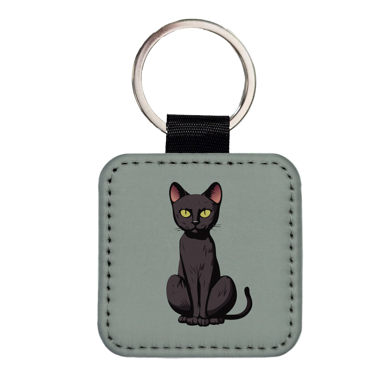 Black Bombay Cat Sitting Square Faux Leather Keychain