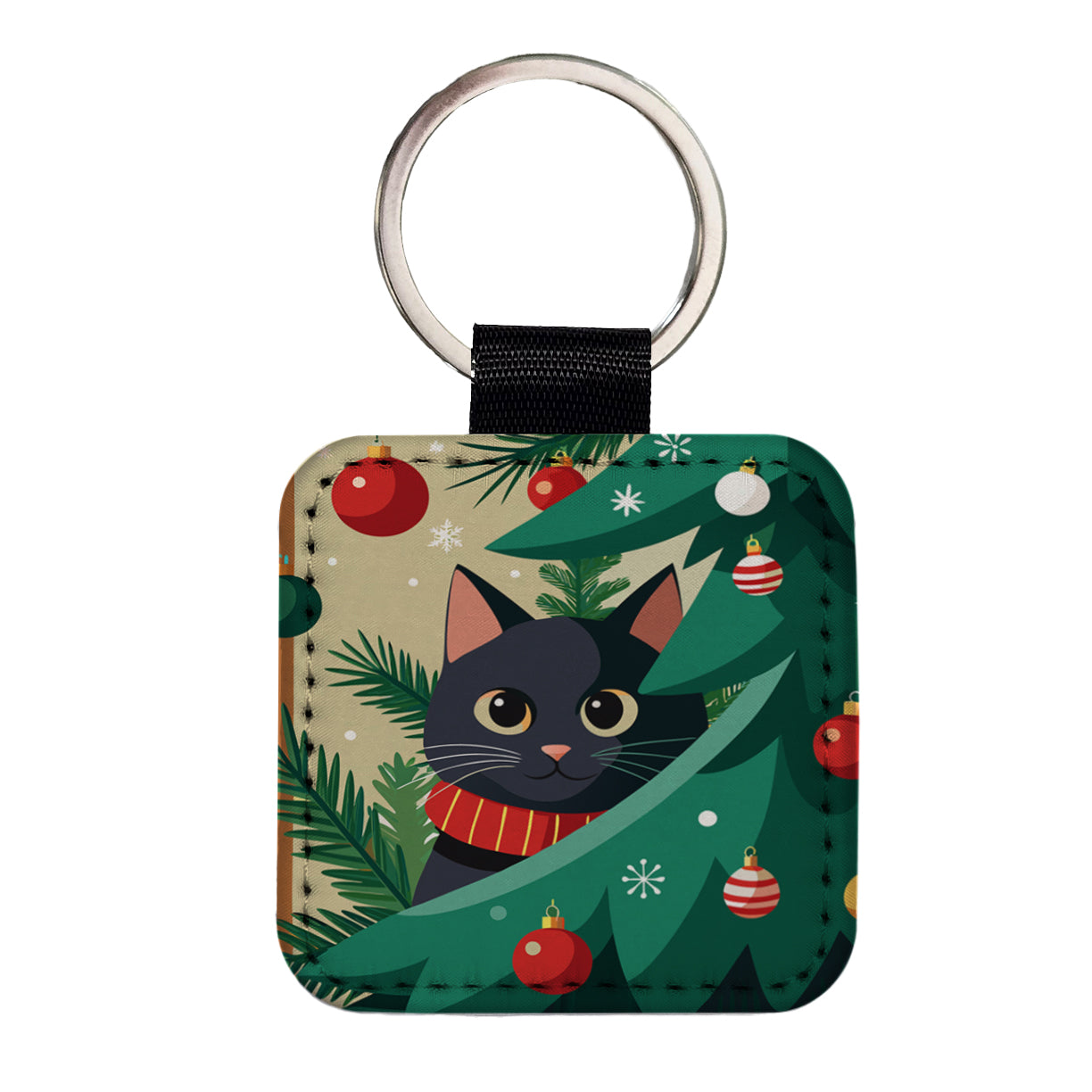 Black Cat Hiding in Christmas Tree Square Faux Leather Keychain
