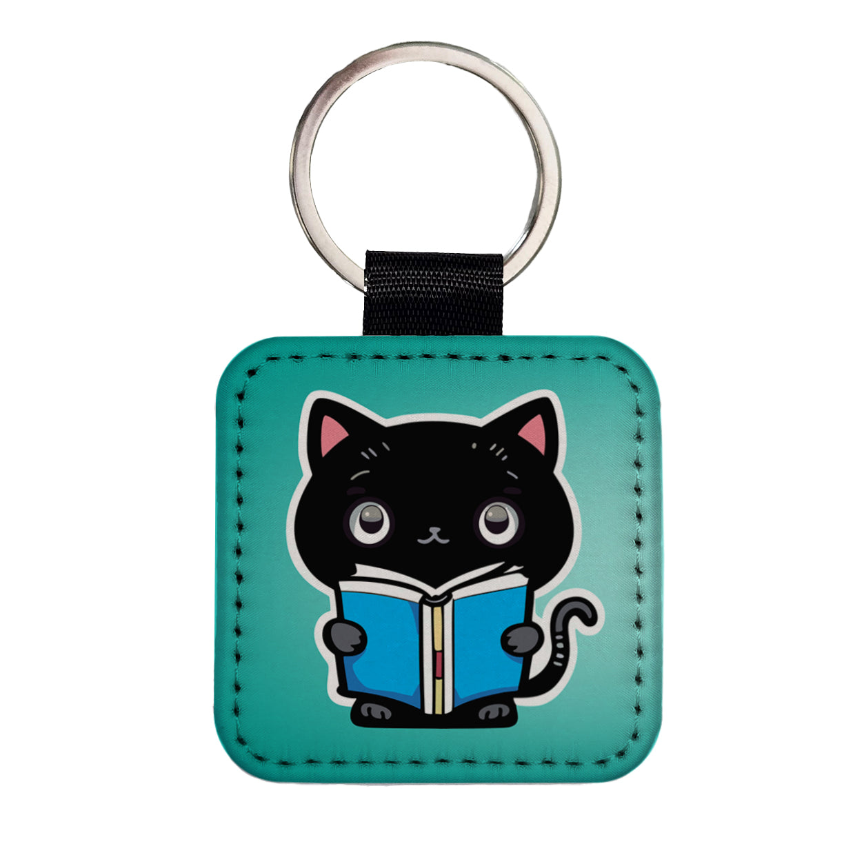 Black Cat Reading Book Square Faux Leather Keychain