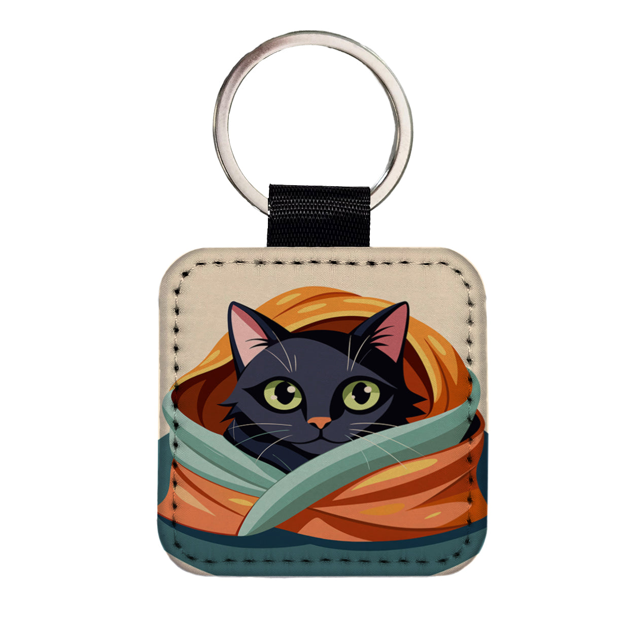 Black Cat Snuggling in Blanket Square Faux Leather Keychain