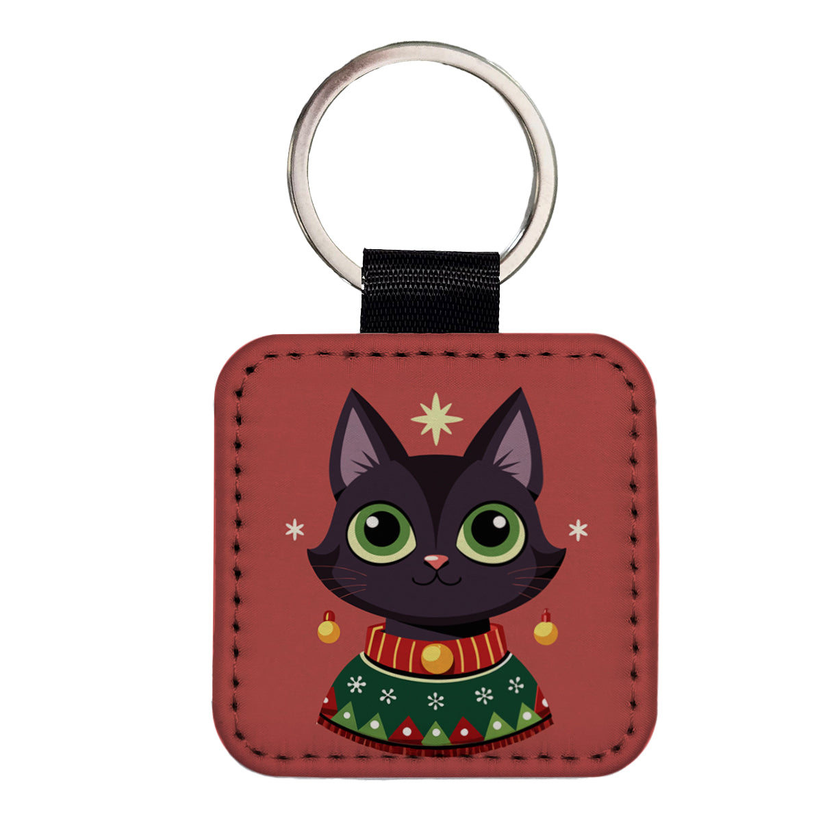 Black Cat Wearing Christmas Sweater Square Faux Leather Keychain
