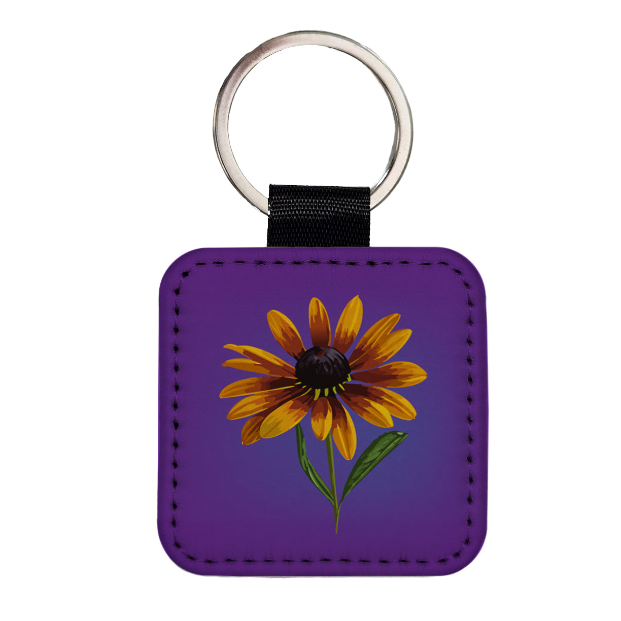 Black Eyed Susan Flower Yellow Watercolor Square Faux Leather Keychain