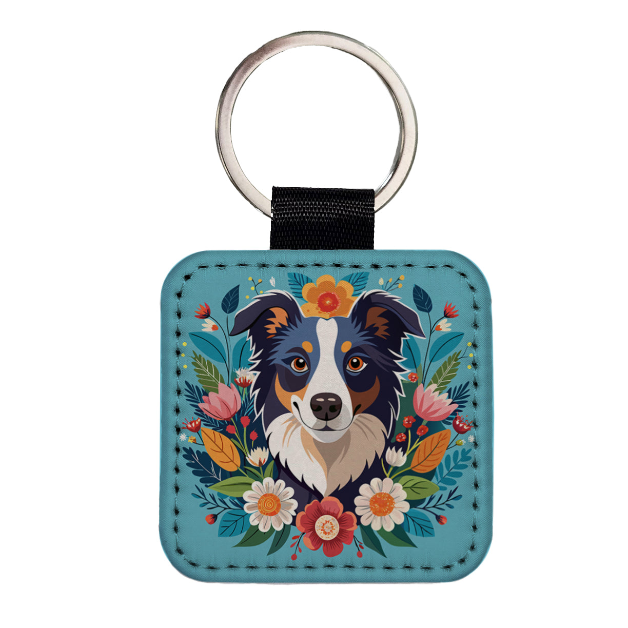 Border Collie Dog Floral Flowers Square Faux Leather Keychain