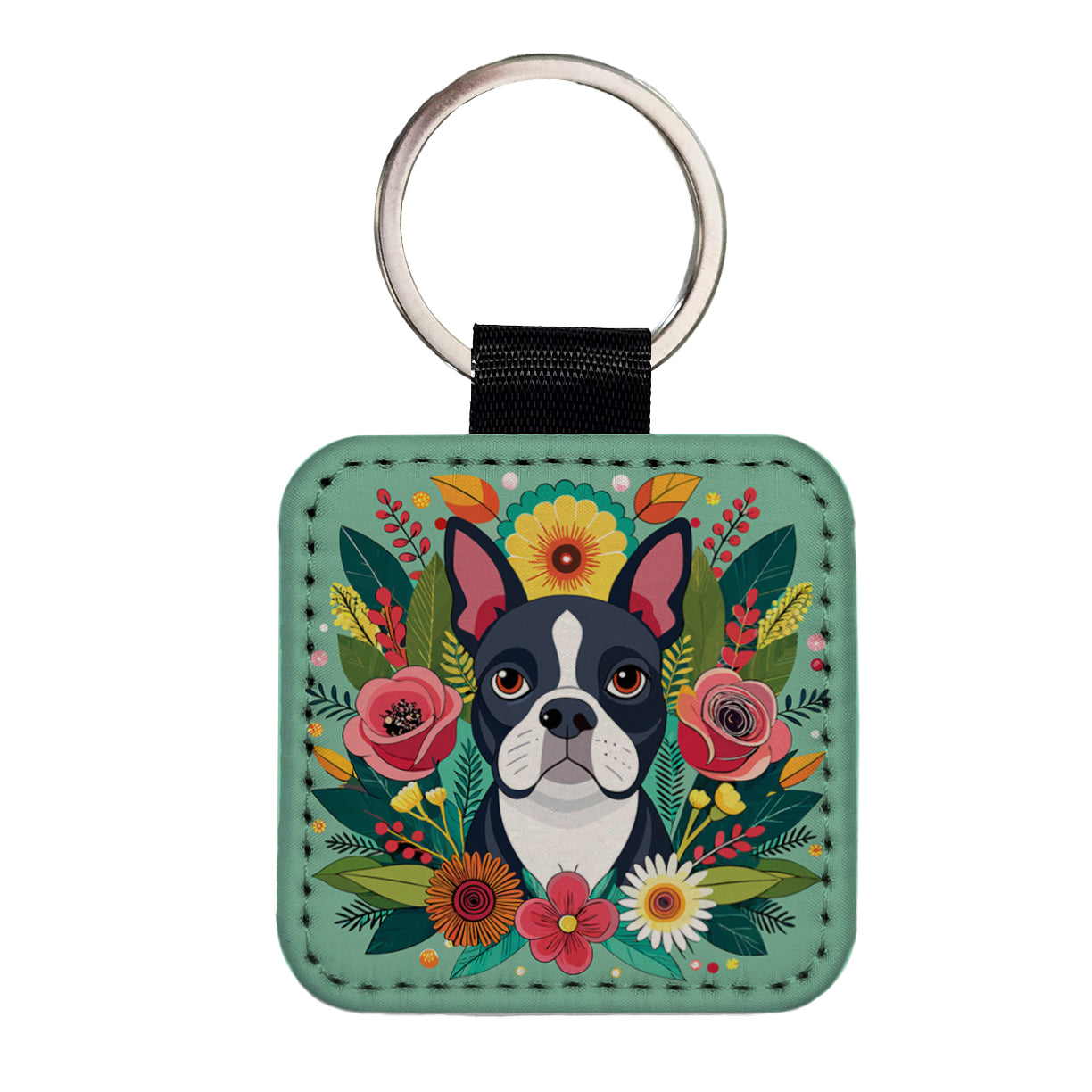 Boston Terrier Dog Floral Flowers Square Faux Leather Keychain