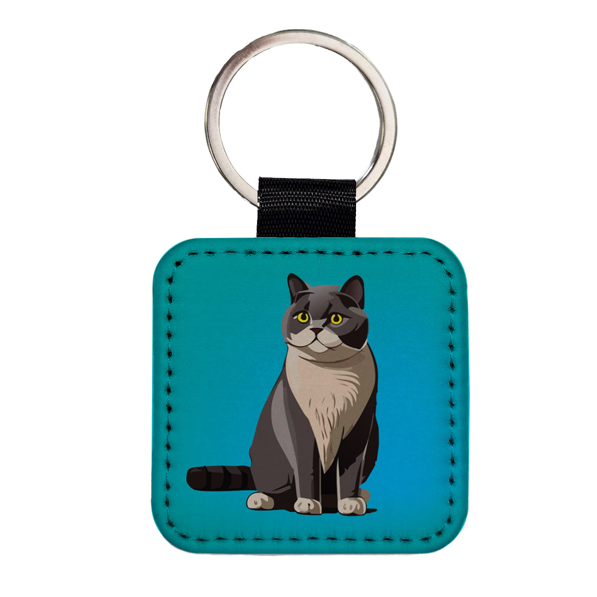 British Shorthair Cat Sitting Square Faux Leather Keychain