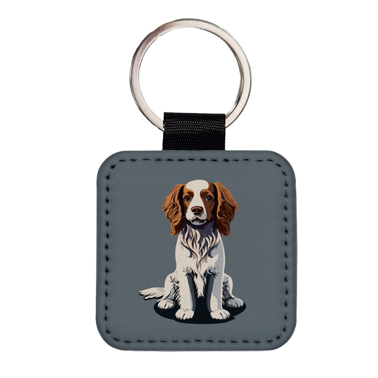 Brittany Spaniel Dog Sitting Square Faux Leather Keychain
