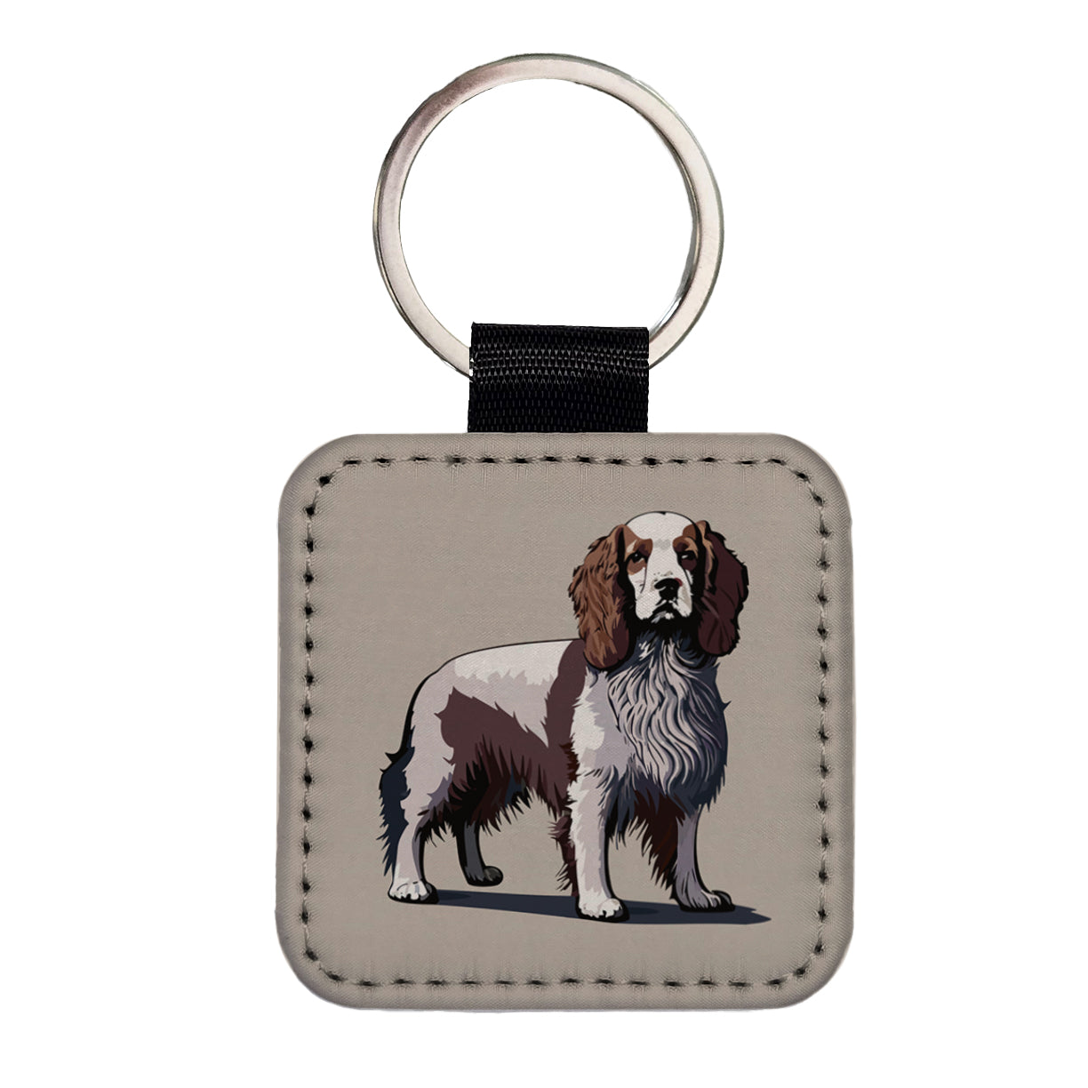 Brittany Spaniel Dog Standing Square Faux Leather Keychain