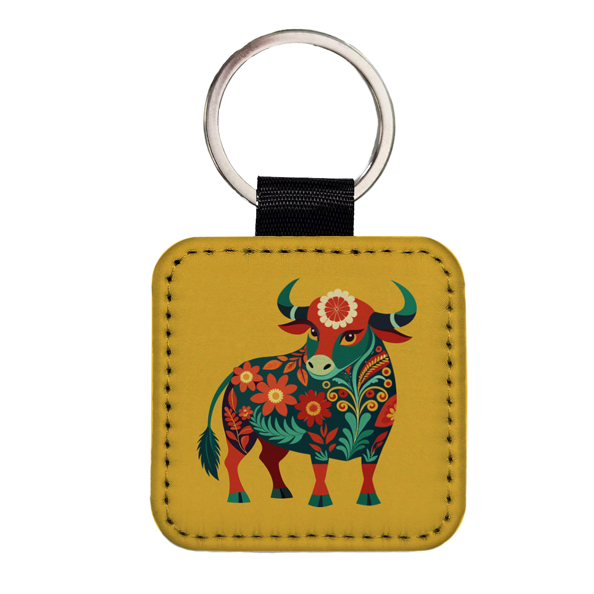 Bull Cow Floral Flowers Square Faux Leather Keychain