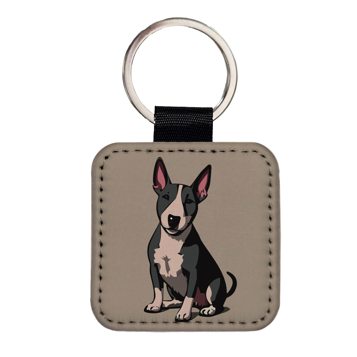 Bull Terrier Dog Sitting Square Faux Leather Keychain
