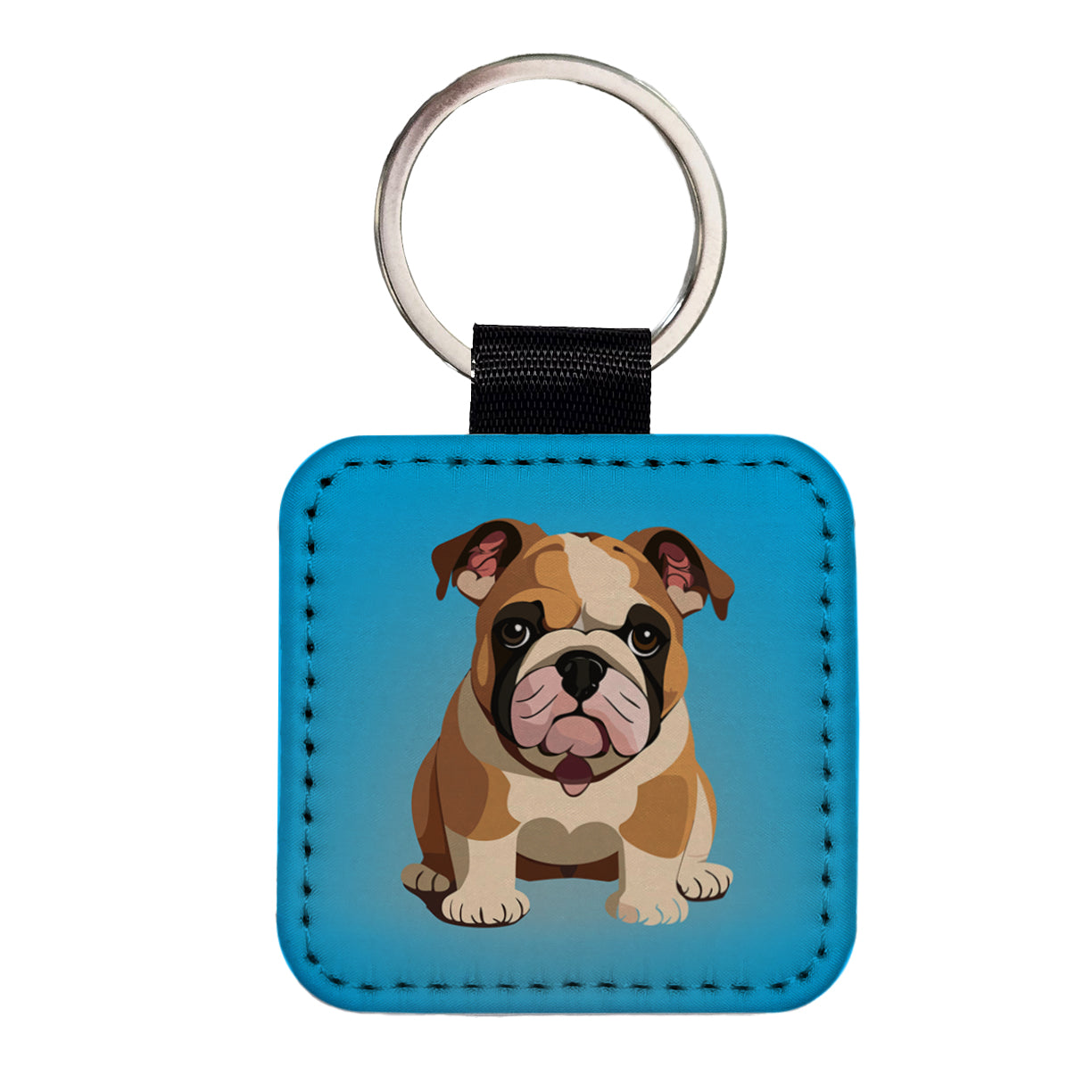 Bulldog Cute Dog Sitting Square Faux Leather Keychain