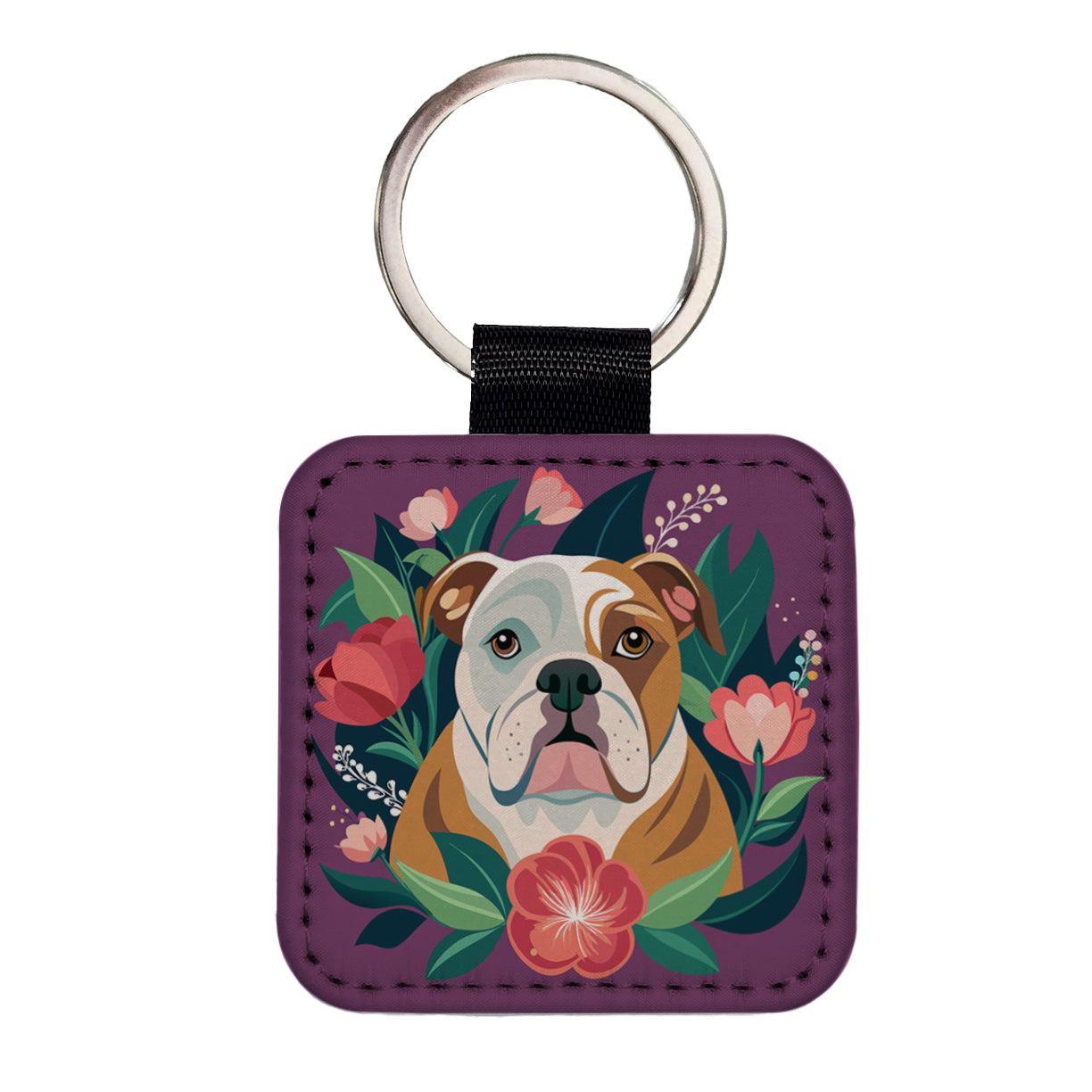 Bulldog Dog Floral Flowers Purple Background Square Faux Leather Keychain