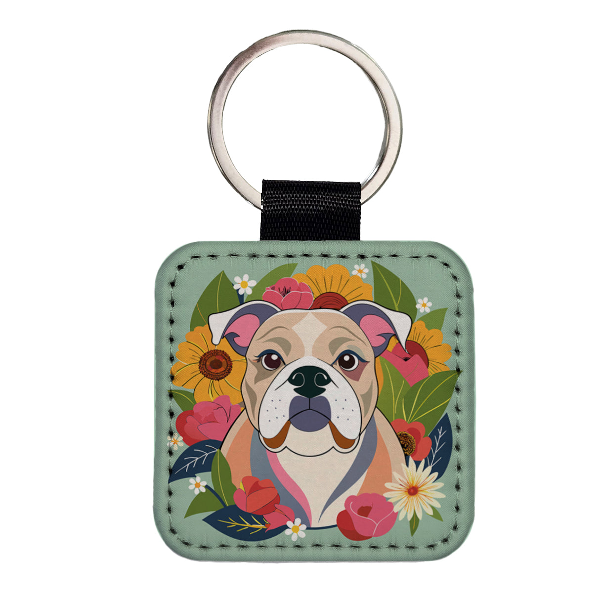 Bulldog Dog Floral Flowers Square Faux Leather Keychain