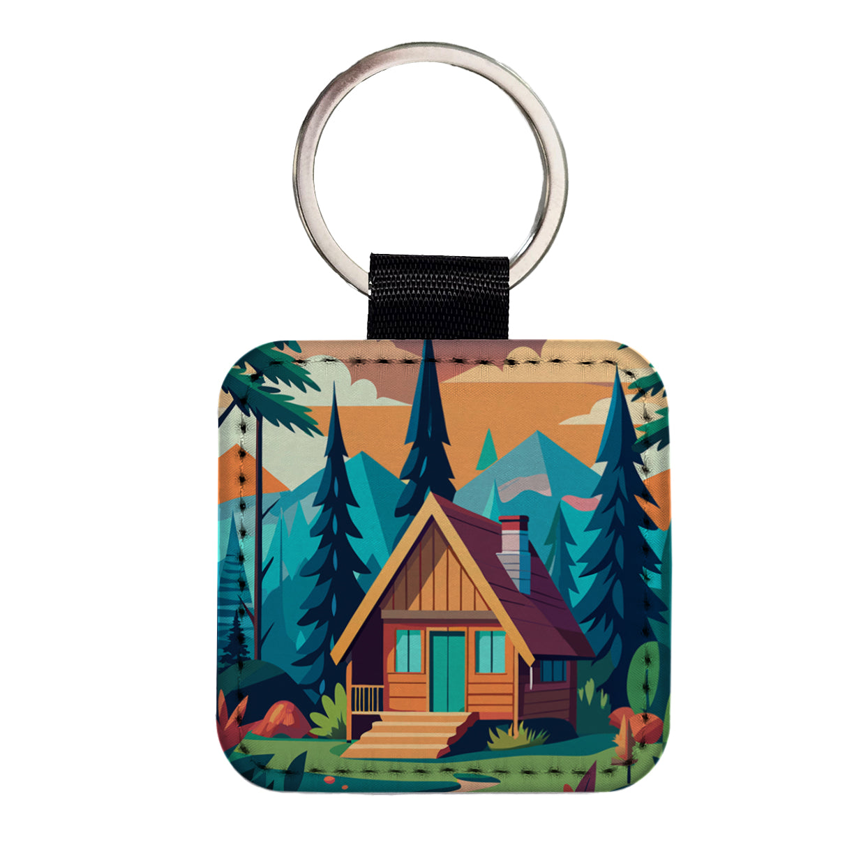 Cabin in the Forest Rustic Log Square Faux Leather Keychain