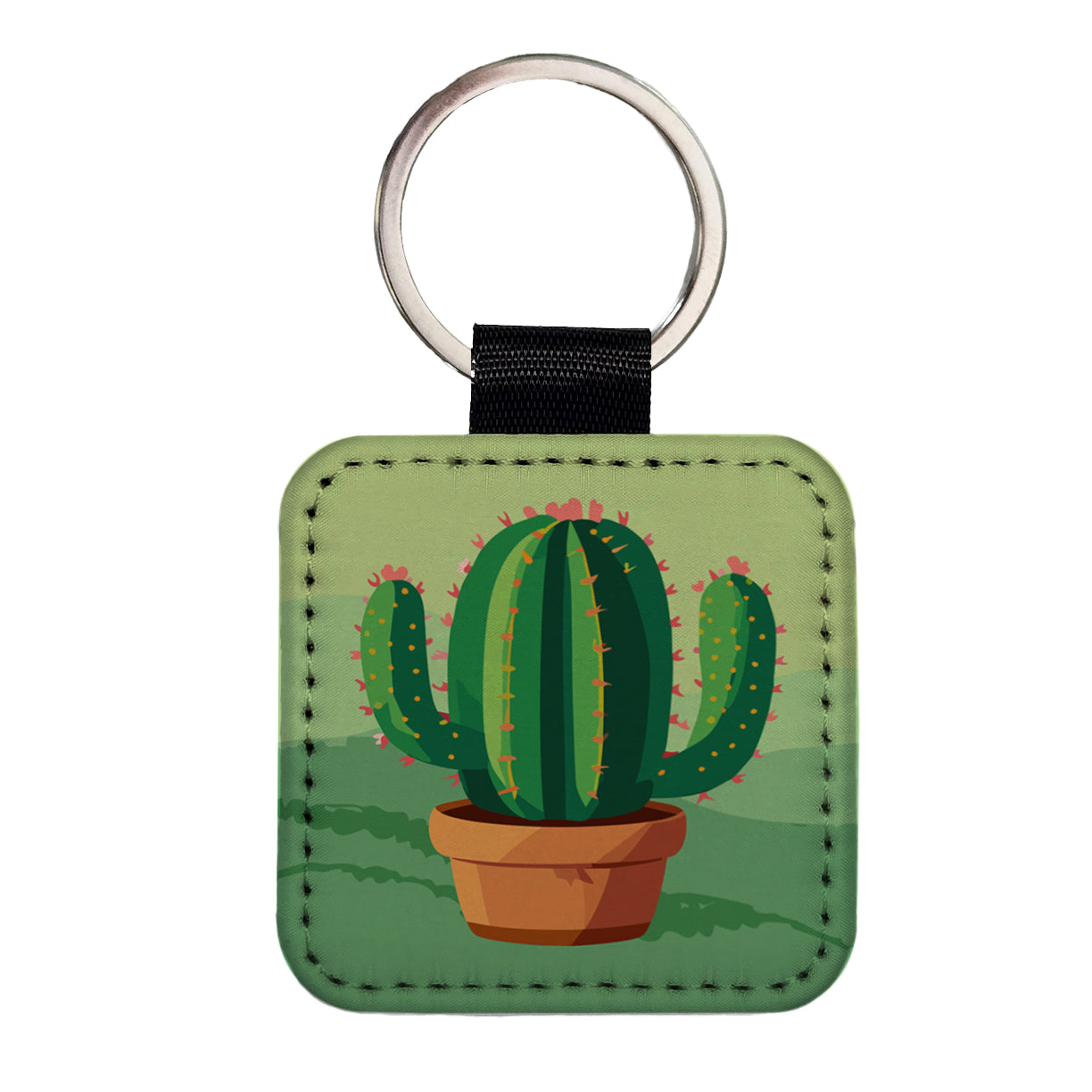 Cactus Green Square Faux Leather Keychain