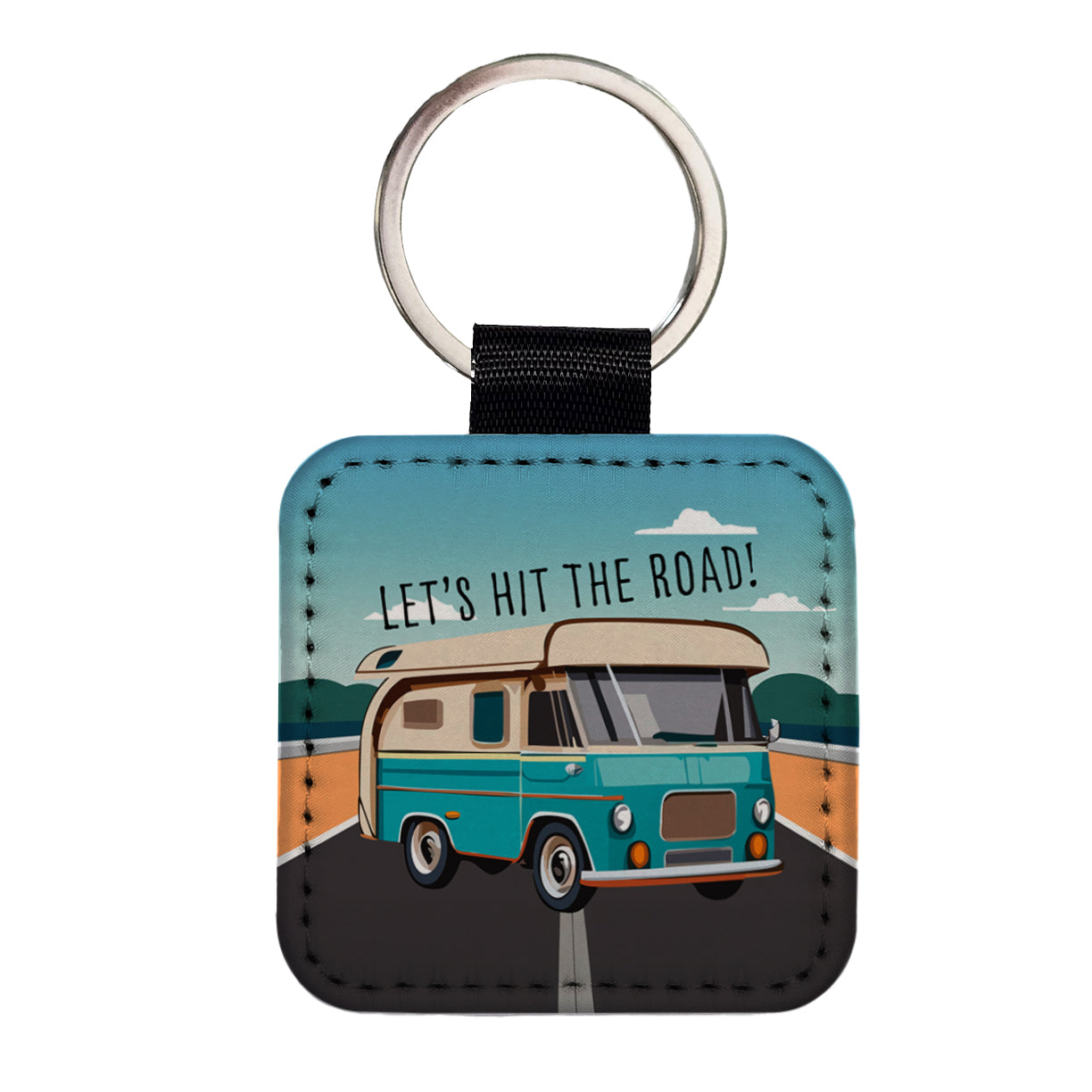 Camper RV Retro Vintage Traveling Hit the Road Camping Square Faux Leather Keychain
