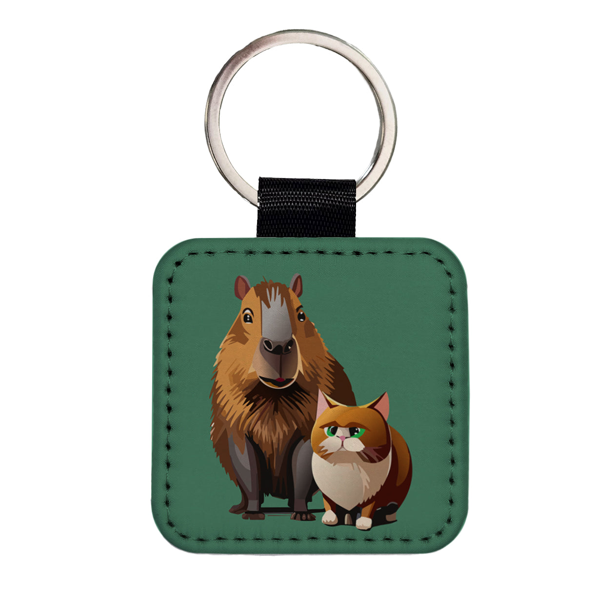 Capybara and Cat Best Friends BFF Cute Square Faux Leather Keychain
