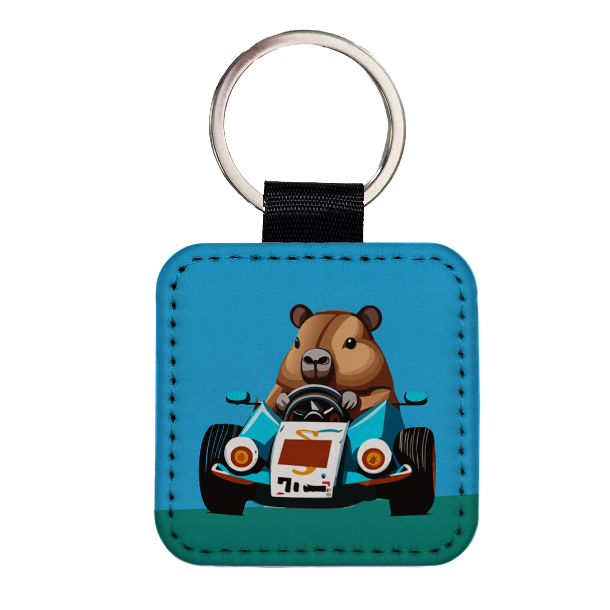 Capybara Driving Race Car Funny Square Faux Leather Keychain