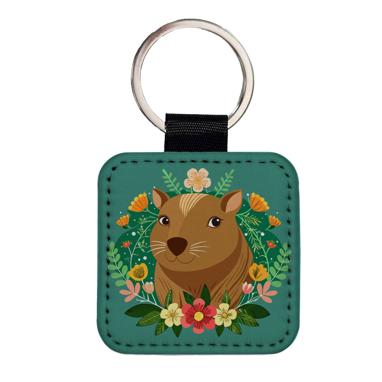 Capybara Head Floral Flowers Square Faux Leather Keychain