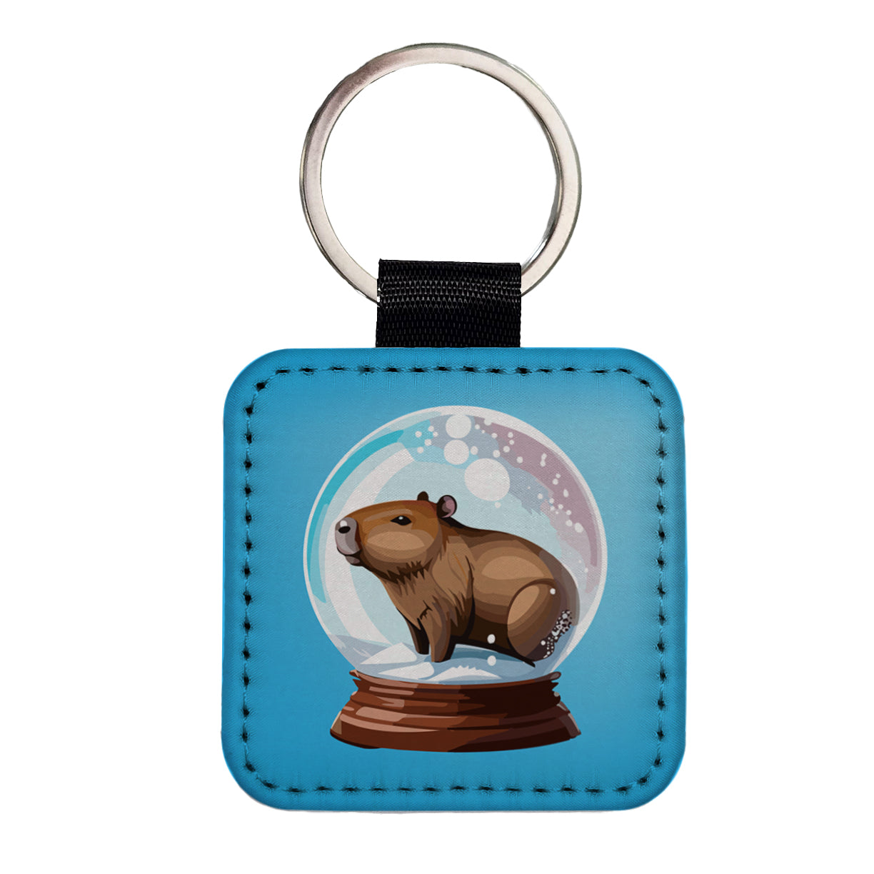 Capybara in a Snow Globe Christmas Square Faux Leather Keychain