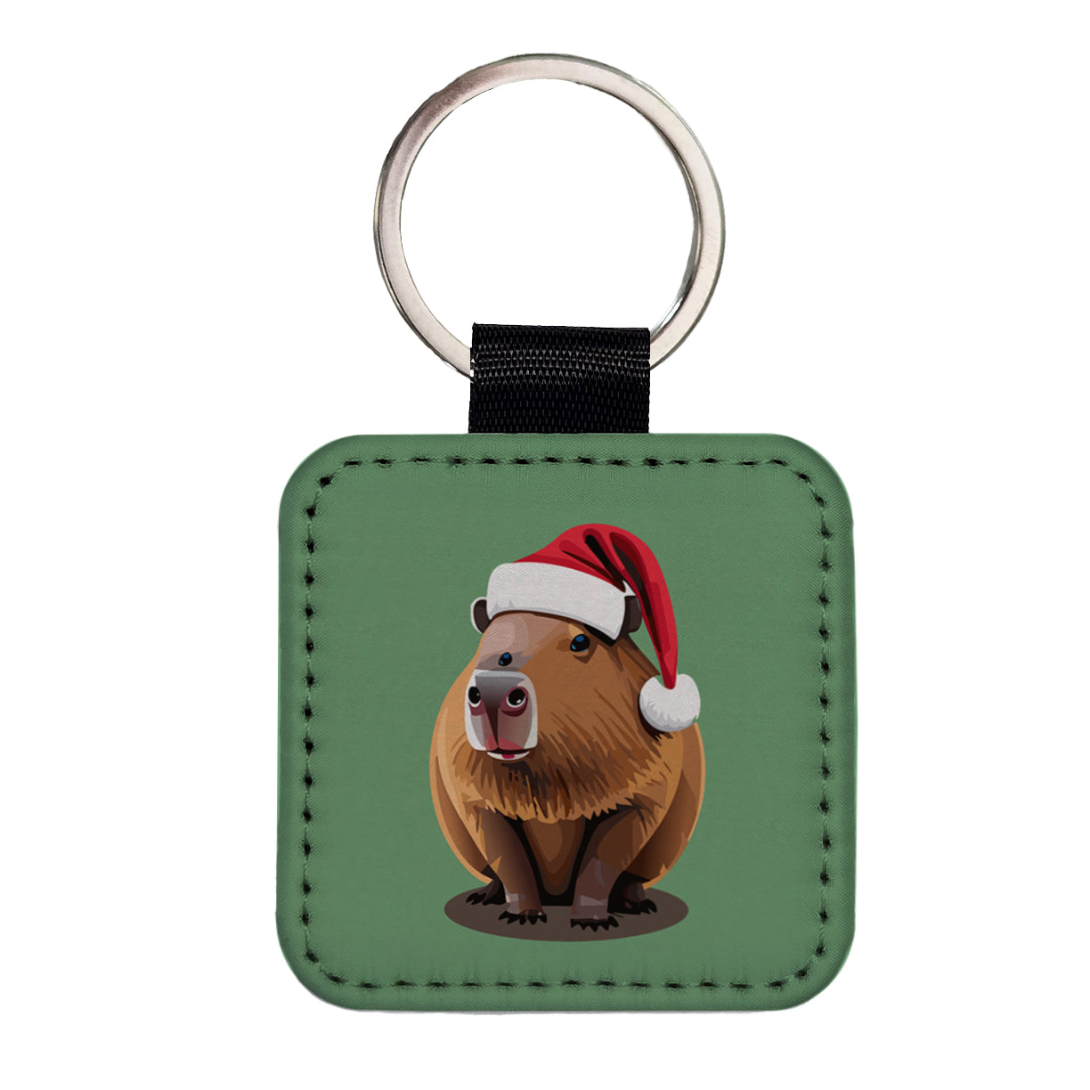 Capybara Santa Hat Christmas Square Faux Leather Keychain