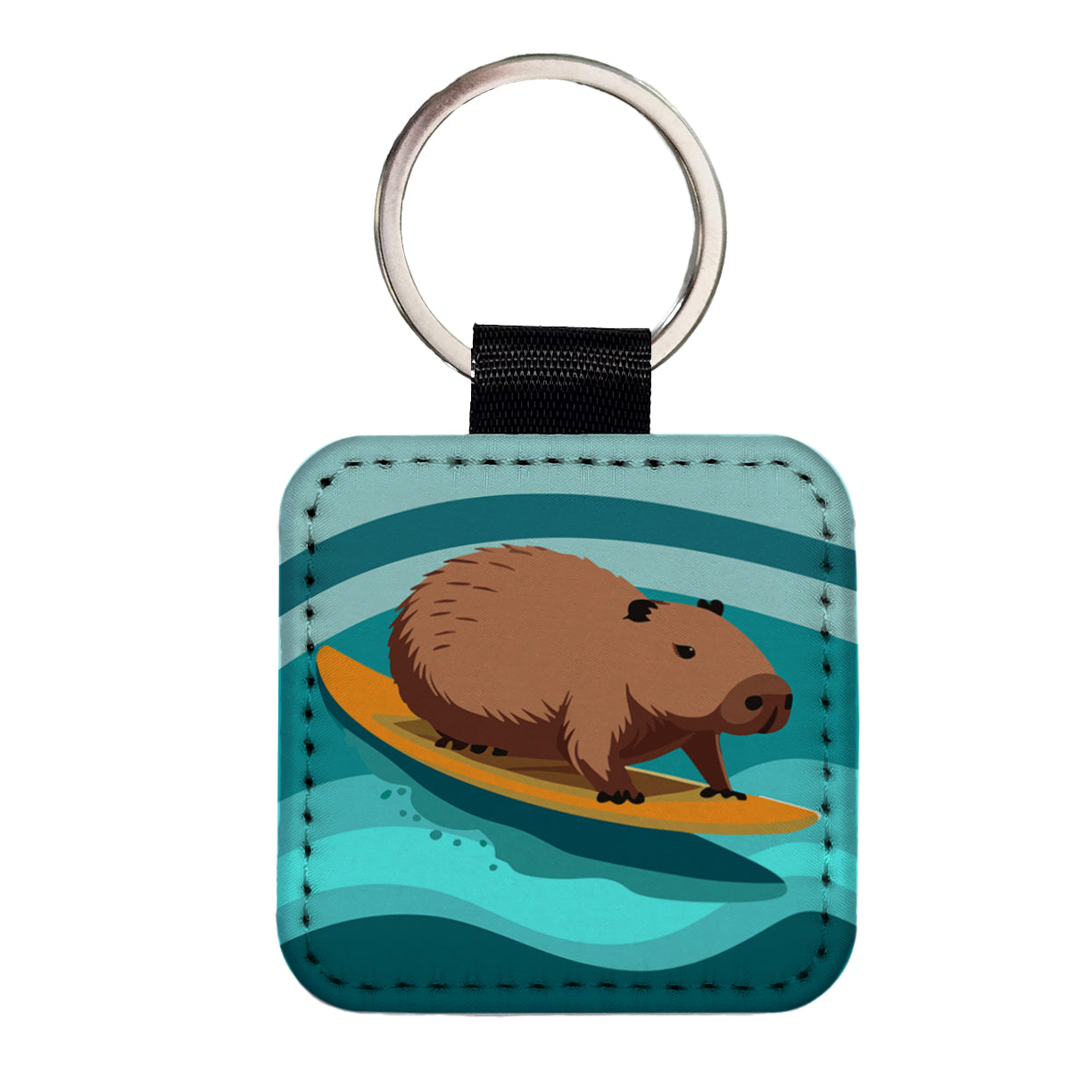 Capybara Surfing Surfer Ocean Funny Square Faux Leather Keychain