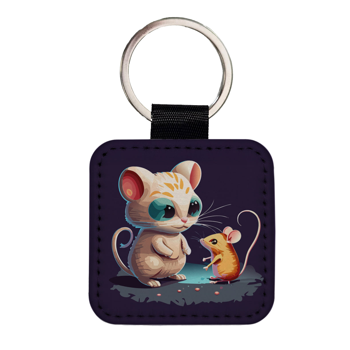 Cat and Mouse Playing Square Faux Leather Keychain