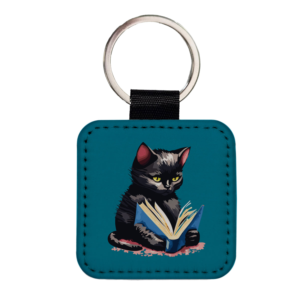 Cat Black Reading Book Reader Square Faux Leather Keychain