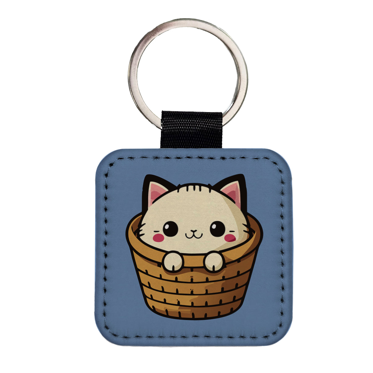 Cat Cute Chibi in Basket Square Faux Leather Keychain