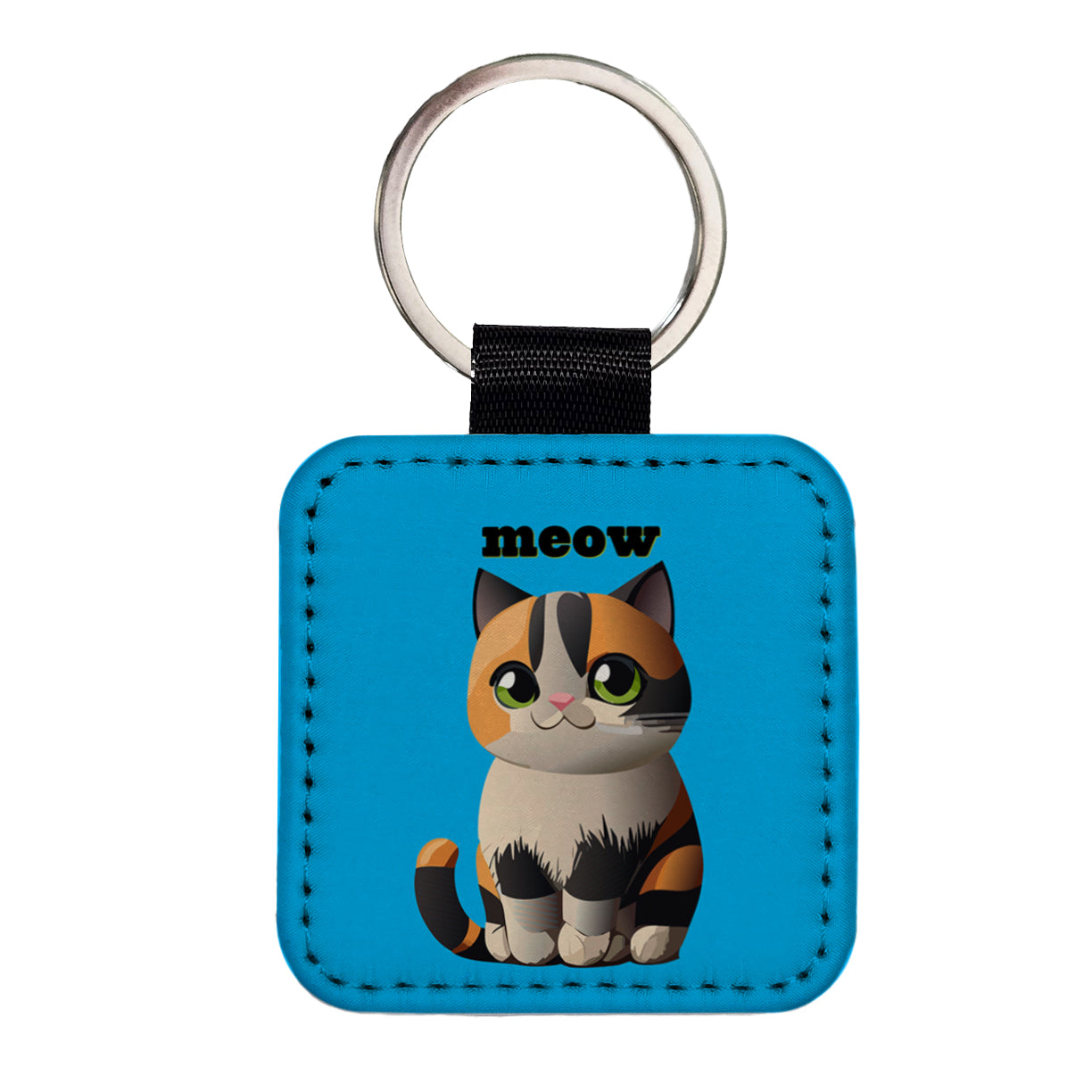 Cat Cute Meow Square Faux Leather Keychain