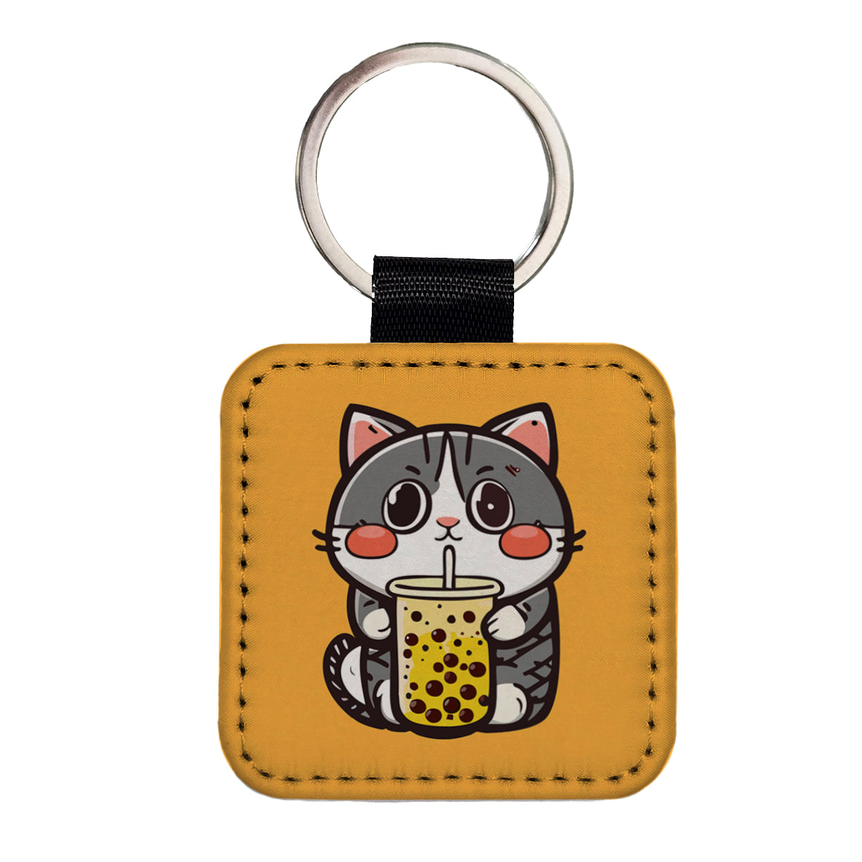 Cat Drinking Boba Bubble Tea Square Faux Leather Keychain