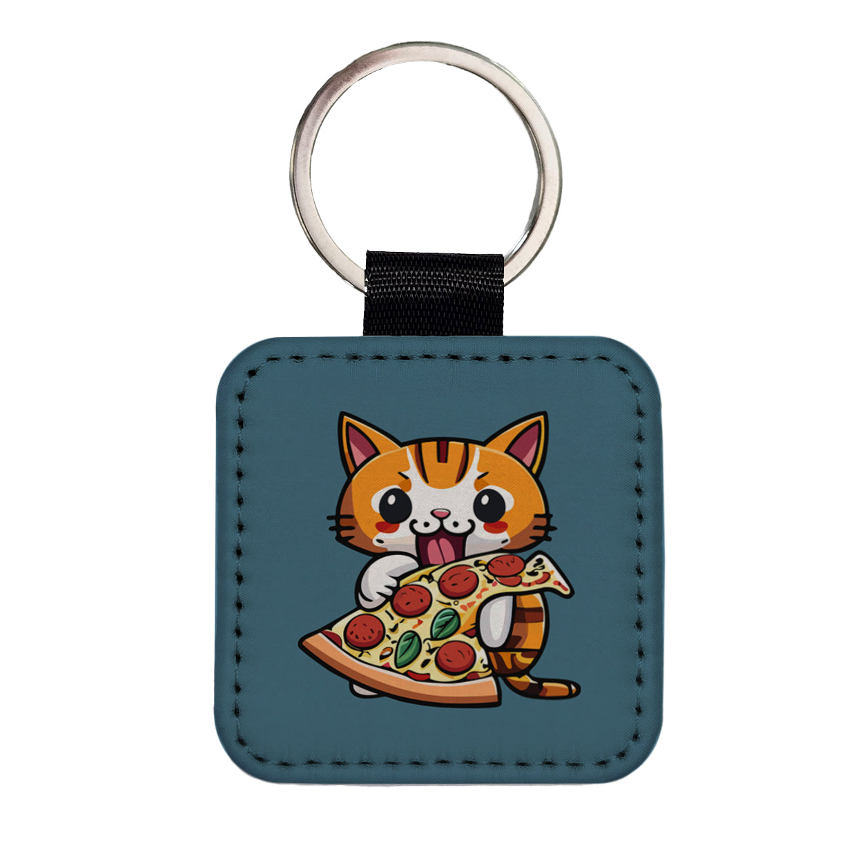 Cat Eating Pizza Funny Square Faux Leather Keychain