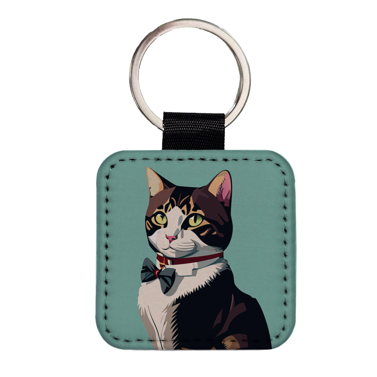Cat Fancy with Bowtie Square Faux Leather Keychain