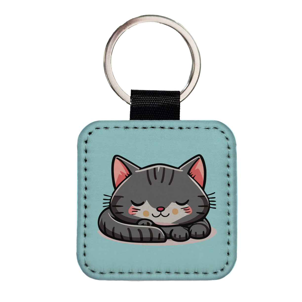 Cat Gray Sleeping Square Faux Leather Keychain