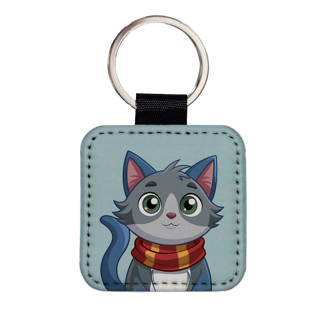 Cat Gray Wearing Winter Scarf Square Faux Leather Keychain
