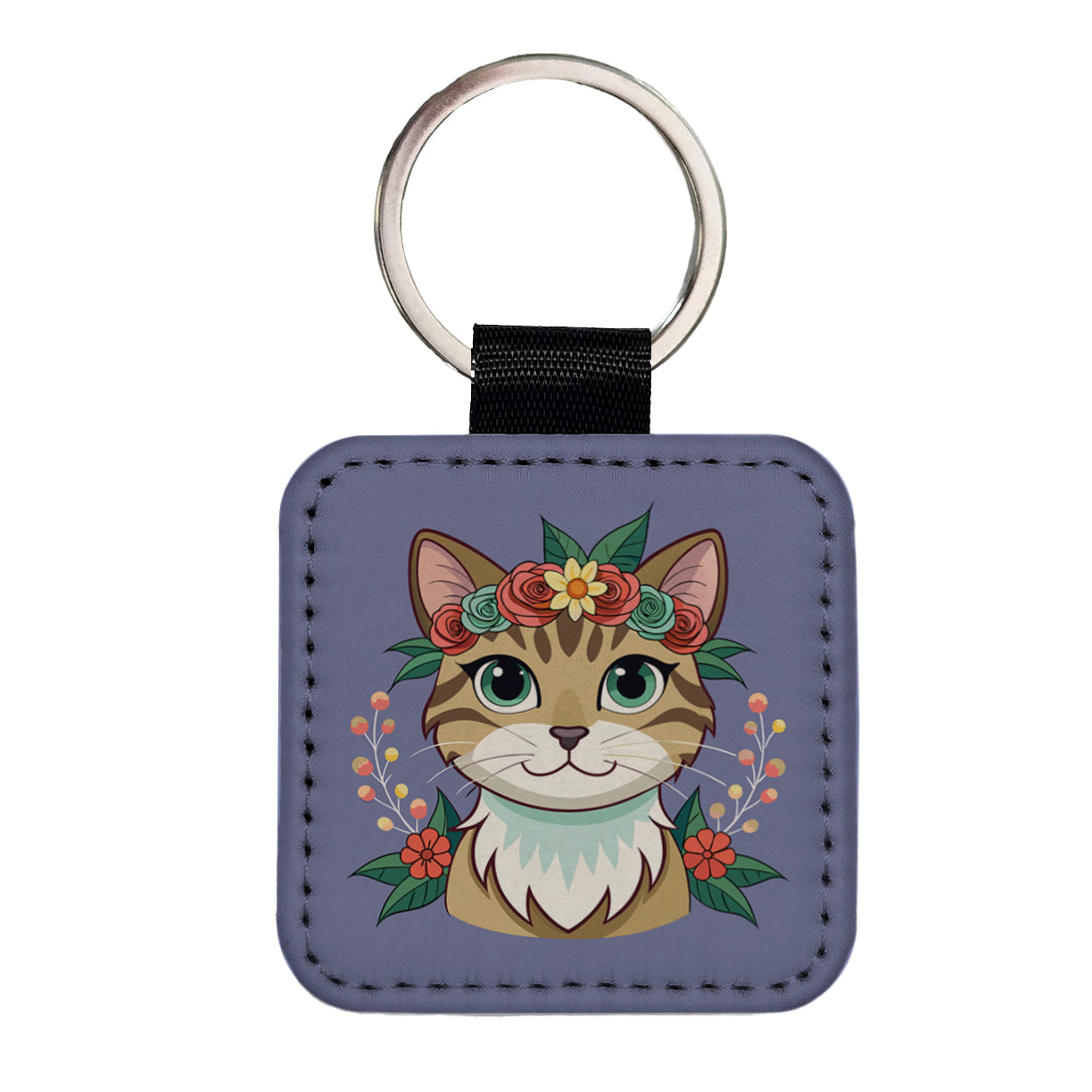Cat Head Floral Flowers Square Faux Leather Keychain