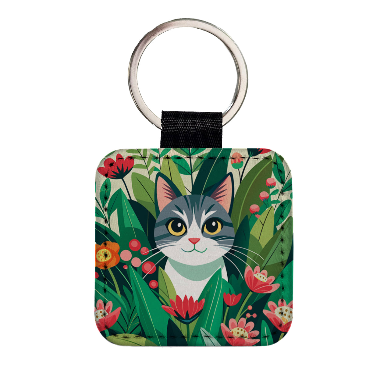 Cat Hiding in Flower Garden Square Faux Leather Keychain