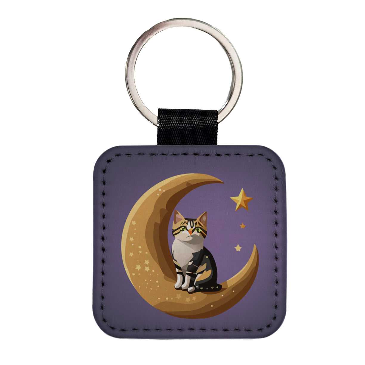 Cat on Crescent Moon Stars Cute Square Faux Leather Keychain