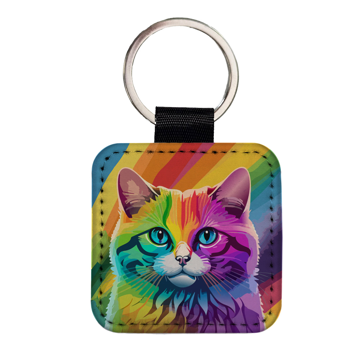 Cat Rainbow Square Faux Leather Keychain