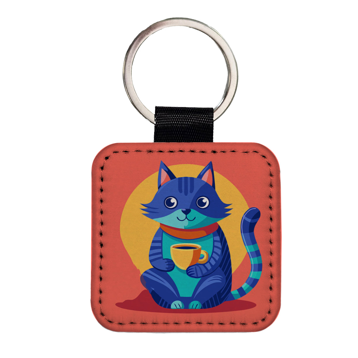 Cat Sipping Tea Square Faux Leather Keychain