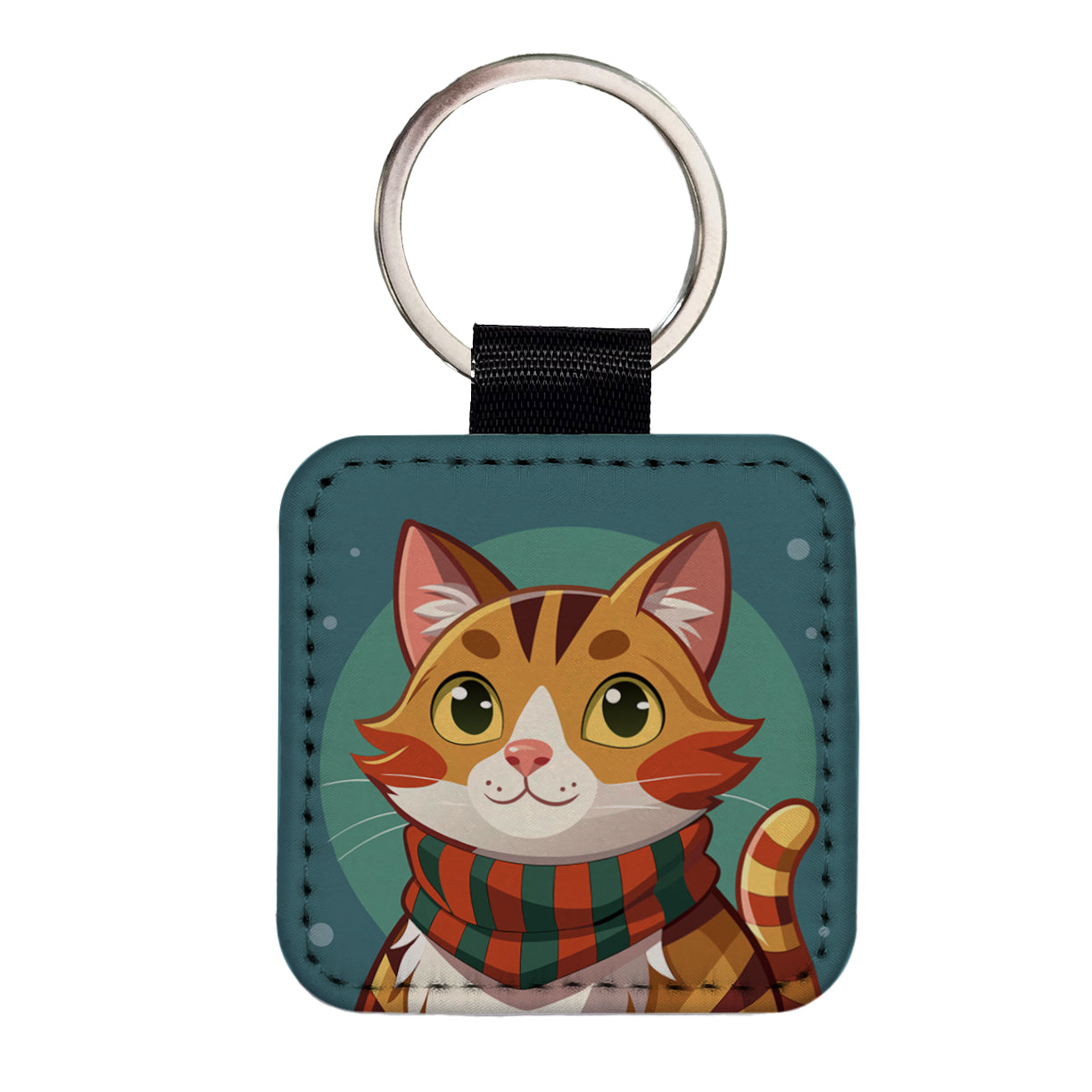 Cat Tabby Wearing Winter Scarf Square Faux Leather Keychain