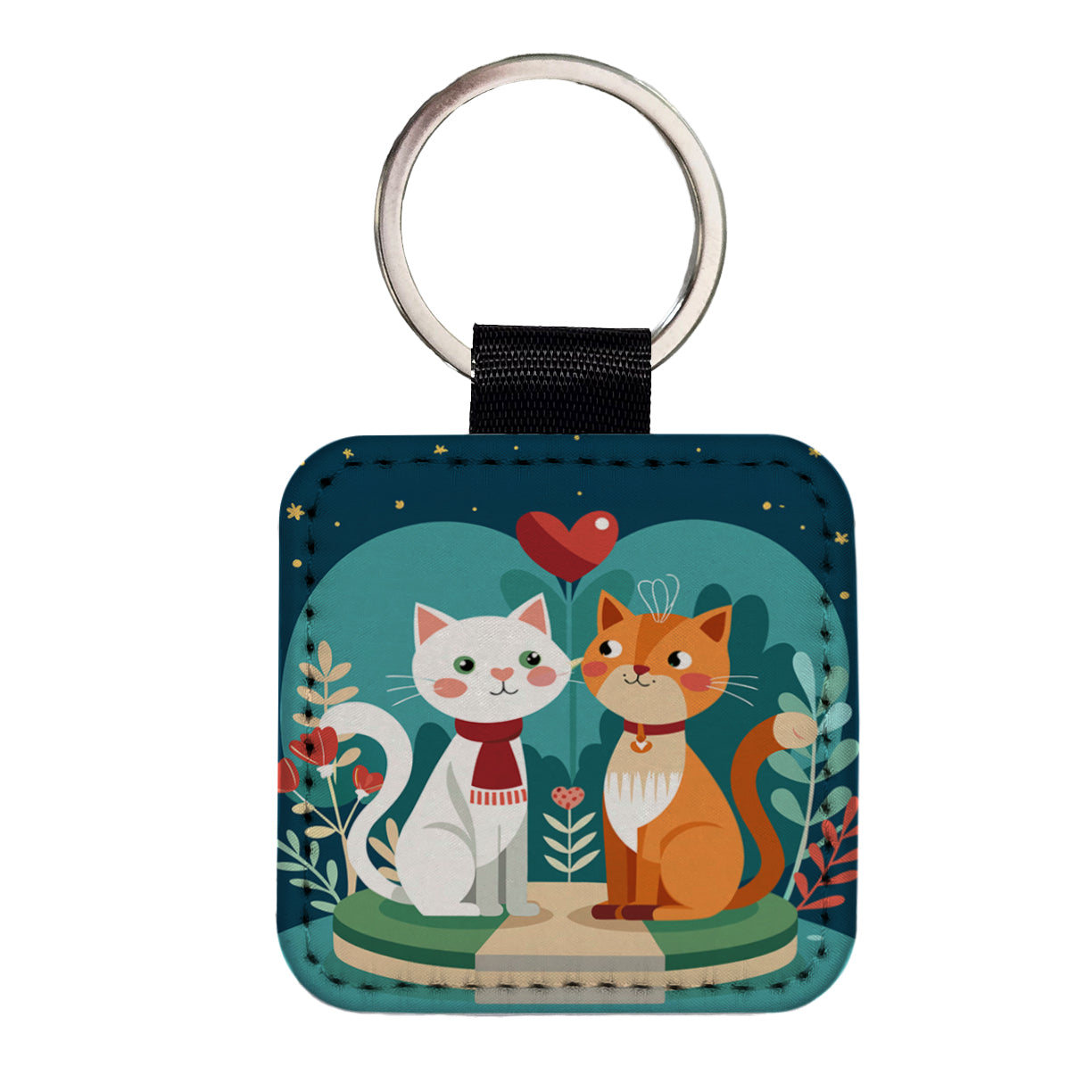 Cats in Love Anniversary Wedding Valentines Day Square Faux Leather Keychain