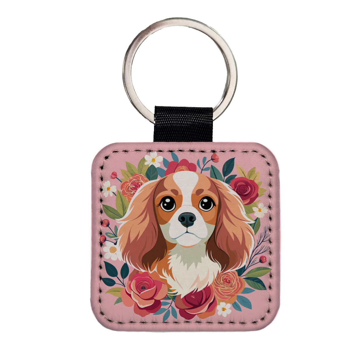 Cavalier King Charles Spaniel Dog Pink Floral Flowers Square Faux Leather Keychain